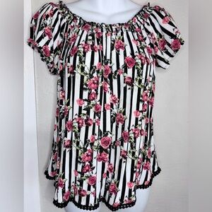 Tru Self  Black White Striped  red Floral short sleeve blouse women S